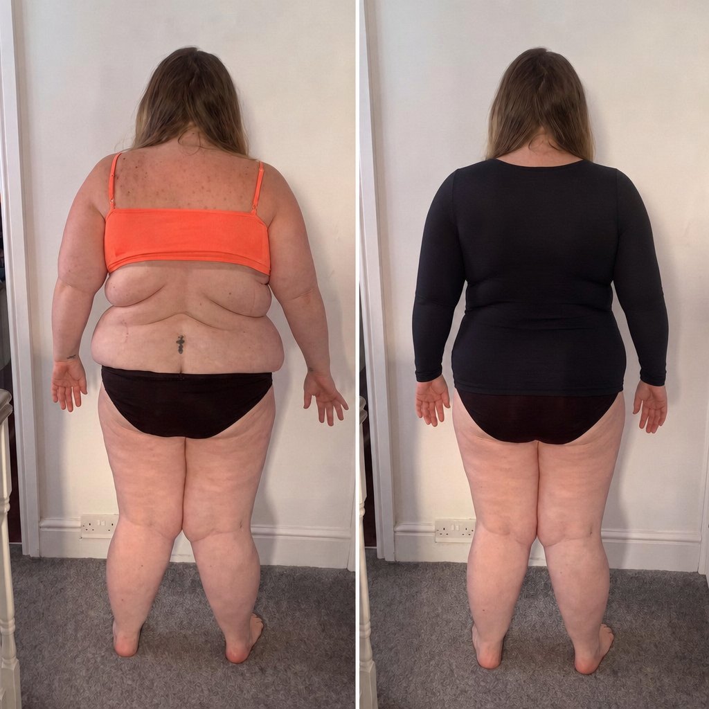 Back view: in a bra, then in the black Sculpt long-sleeve
