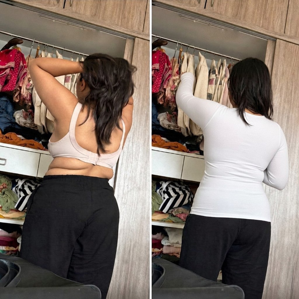 Reaching up: in a bra, then in the white Sculpt long-sleeve