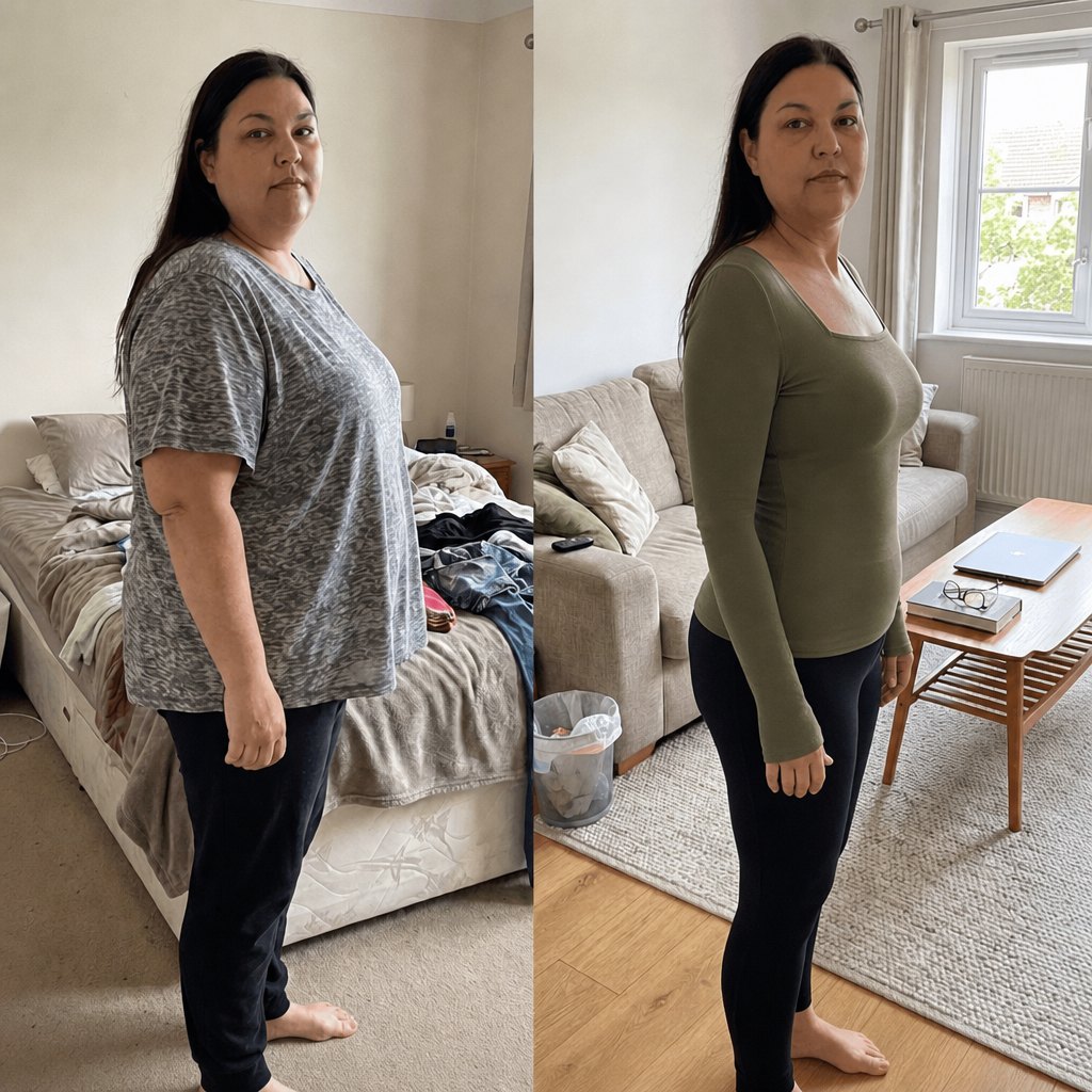 Side view: in a loose t-shirt, then in the olive Sculpt long-sleeve