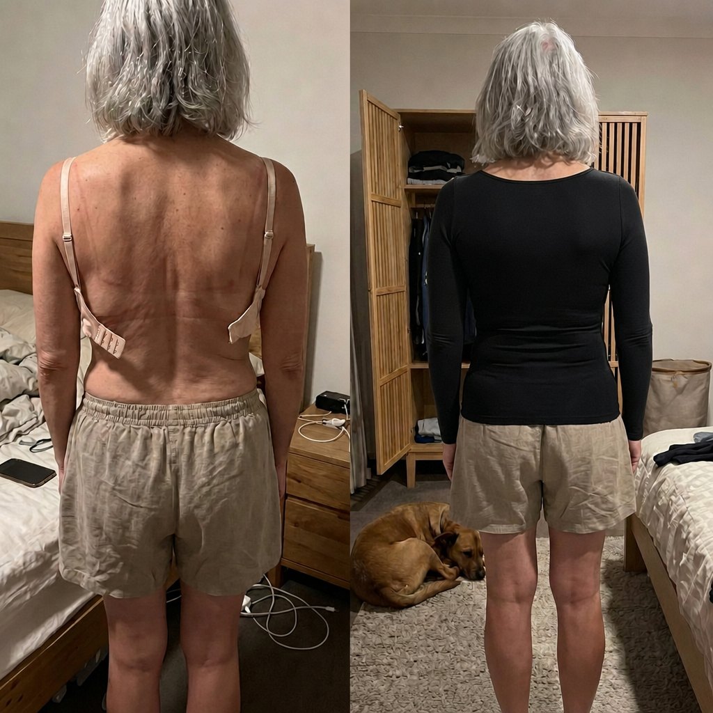 Back view: in a bra, then in the black Sculpt long-sleeve