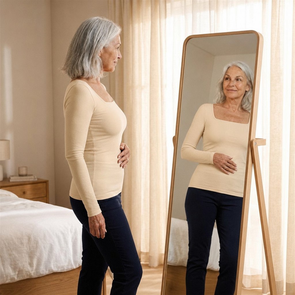 Woman checking the Sculpt long-sleeve in a mirror