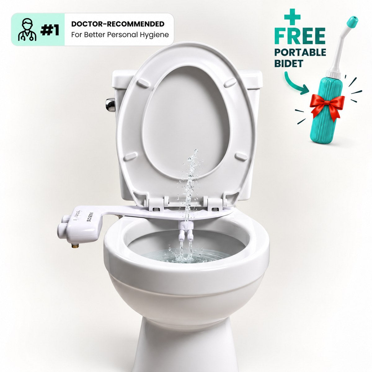 Soraya bidet attachment installed on a toilet, spraying fresh water into the bowl