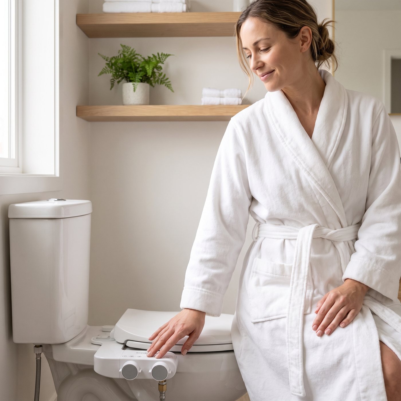 A woman reaching down to turn the Soraya bidet knob