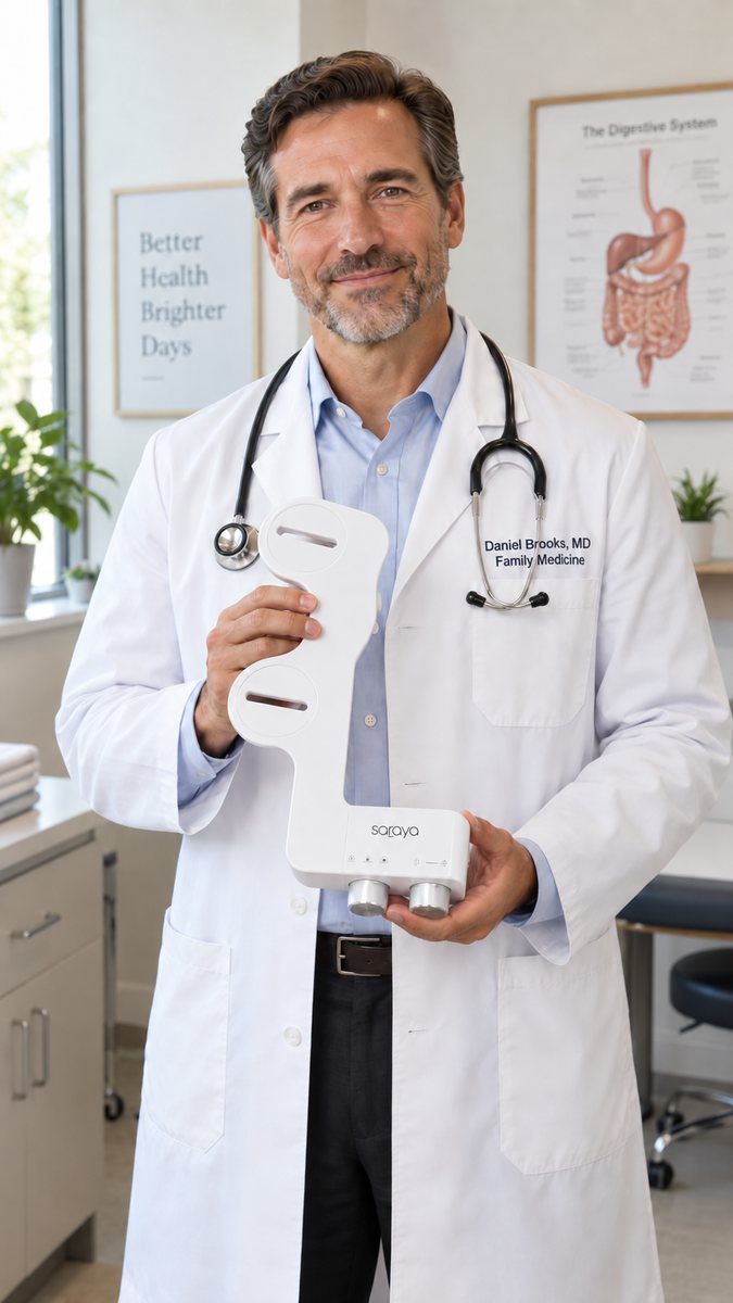 Dr. Daniel Brooks holding the Soraya bidet attachment