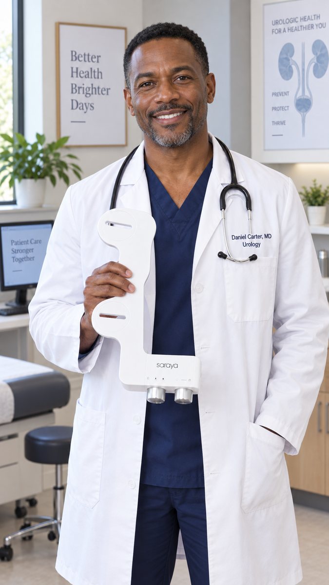 Dr. Daniel Carter holding the Soraya bidet attachment