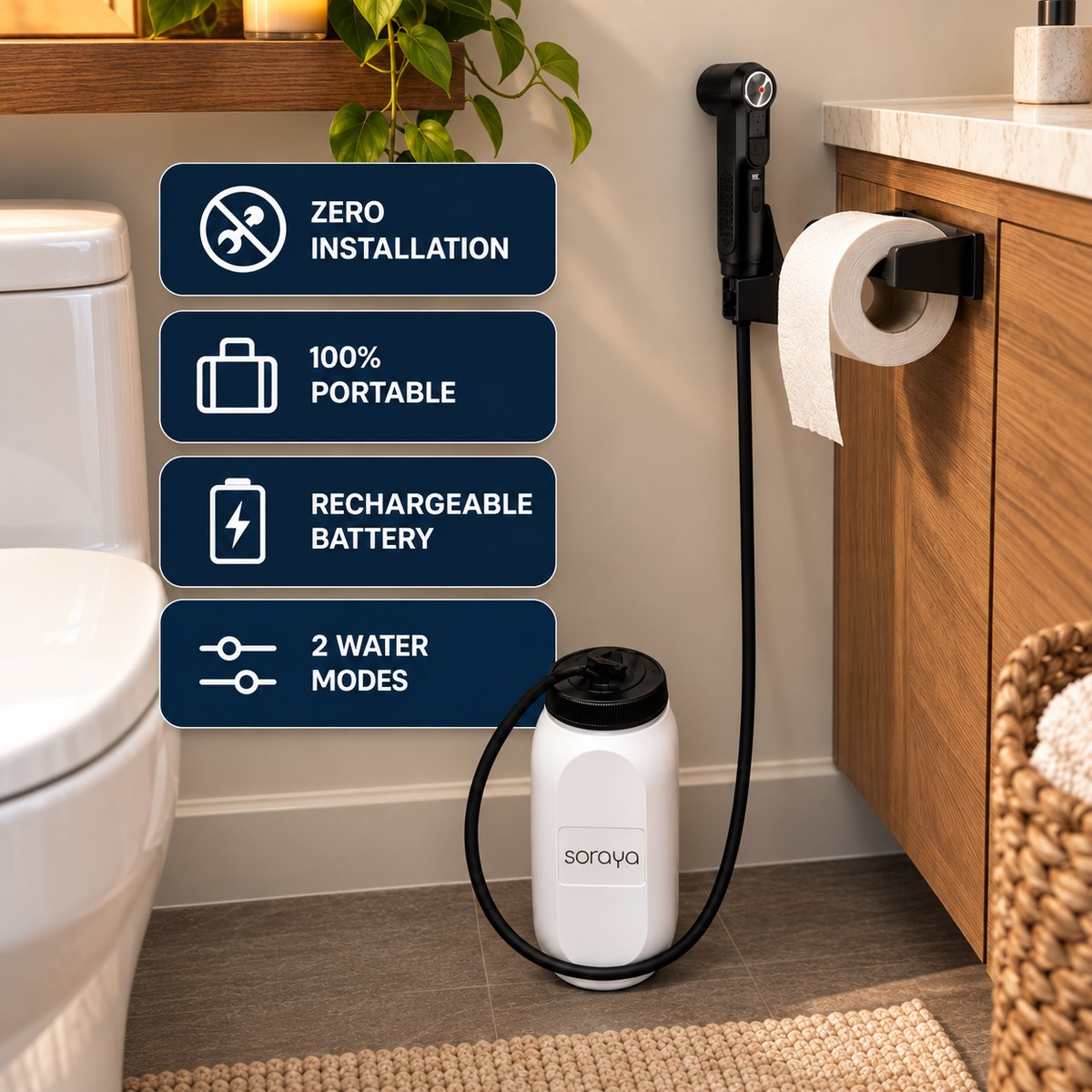 Soraya portable bidet in a bathroom: zero installation, 100% portable, rechargeable battery, 2 water modes