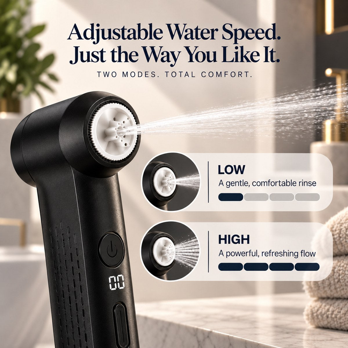 Adjustable water speed from a gentle low rinse to a powerful high flow