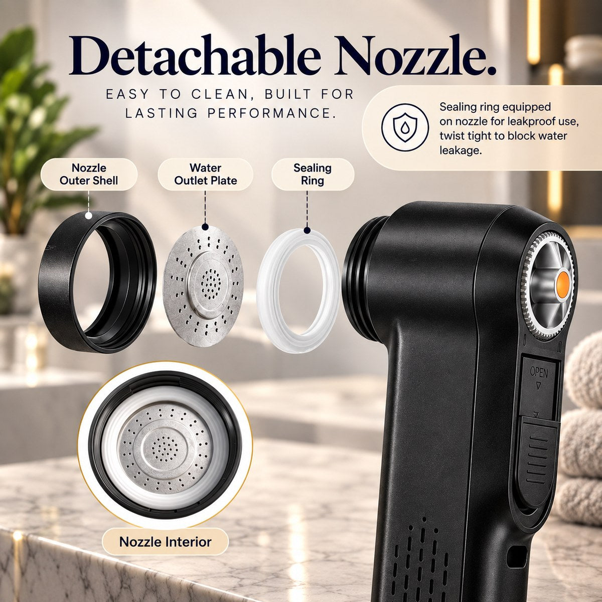 Detachable nozzle: outer shell, water outlet plate and sealing ring, easy to clean