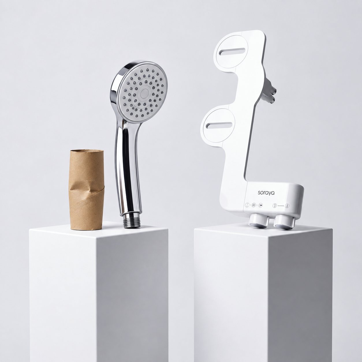 An empty toilet paper roll and a showerhead beside the Soraya bidet attachment