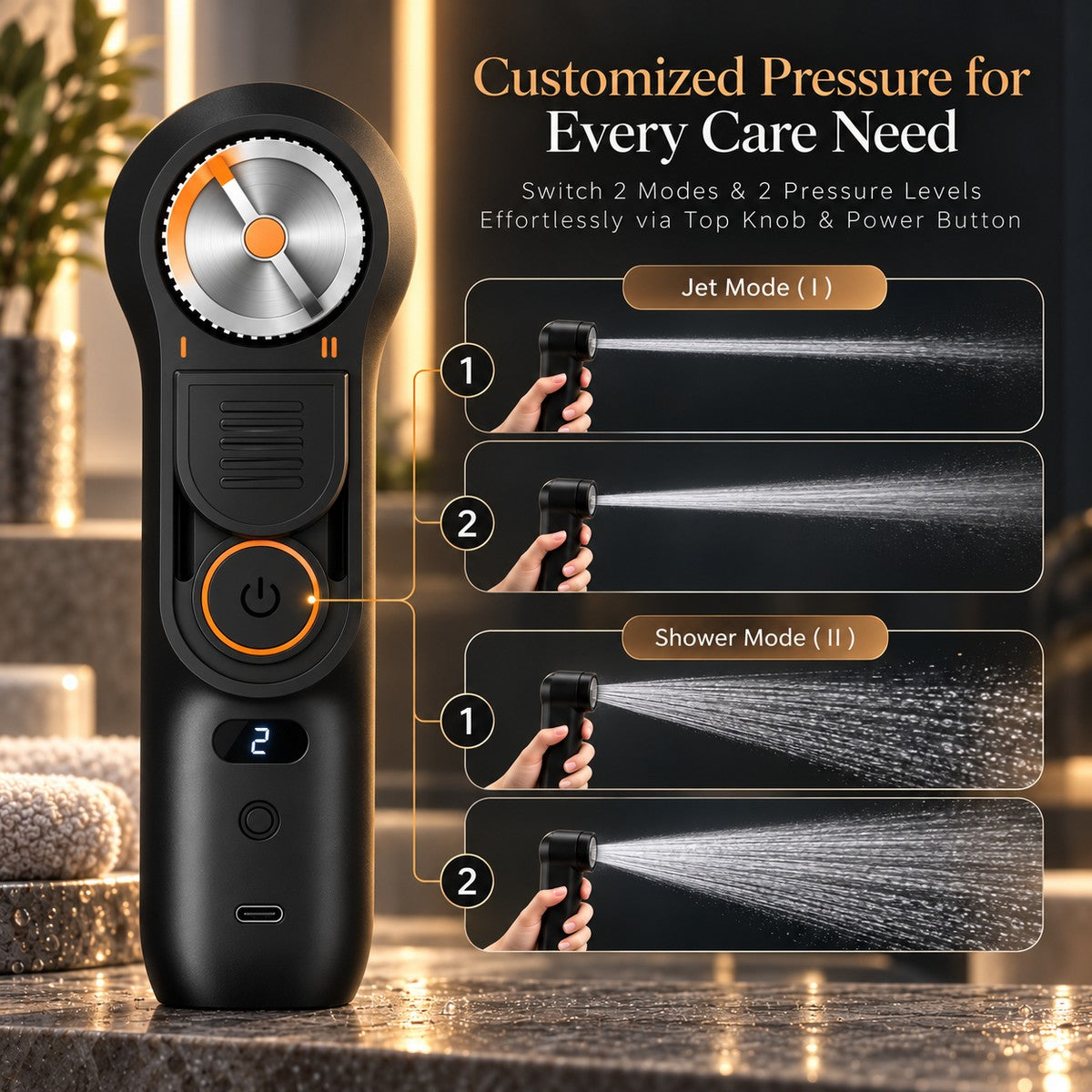 Soraya portable bidet: two shower modes and two pressure levels, switched with the top knob and power button